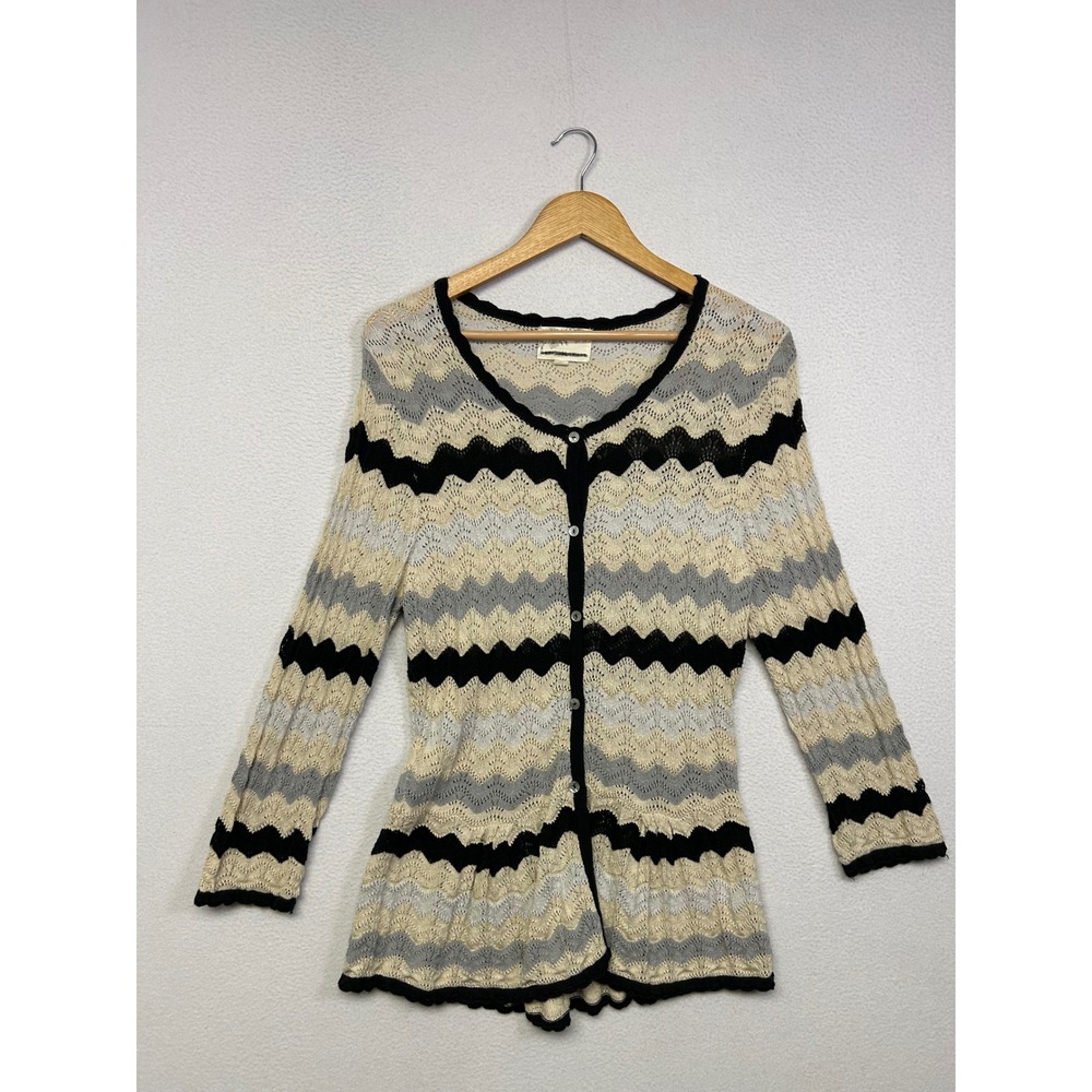 Boho Metallic Chevron Debbie Morgan Womens Large Cream Grey Black Knit Cardigan